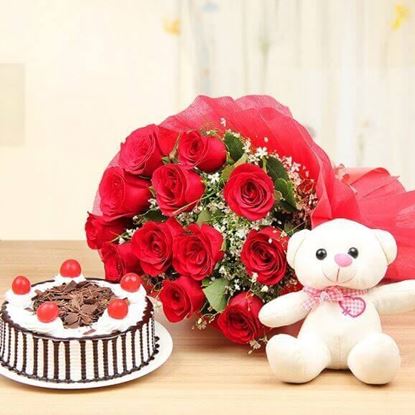 Picture of Cake, Teddy & Flowers