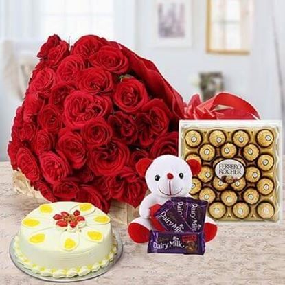 Picture of Cake, Teddy, Flowers & Chocolate